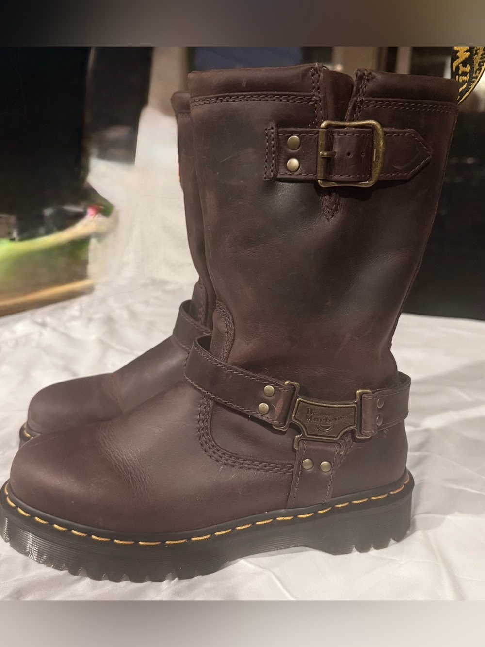 Dr. Martens Dark Brown Harness Boots with Brass Buckles